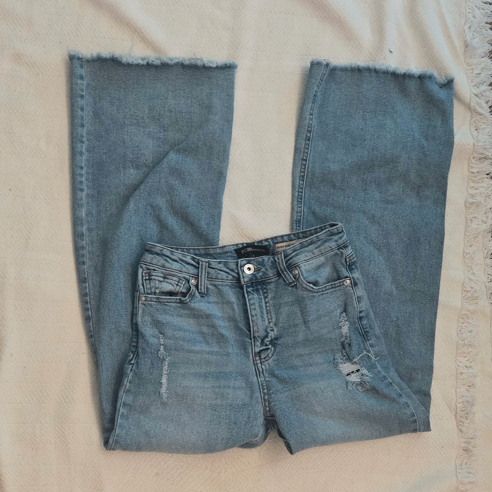 BCBGeneration Light Blue Flare Jeans with Frayed Hem